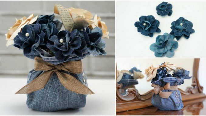 Recyklace starých riflí – vyrobte si riflovou vázičku a do ní riflové kytky