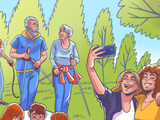 Test chyba v parku muž s kávou senioři na vycházce dívky se selfie
