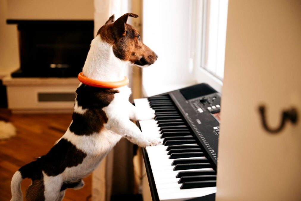 pes hraje na piano
