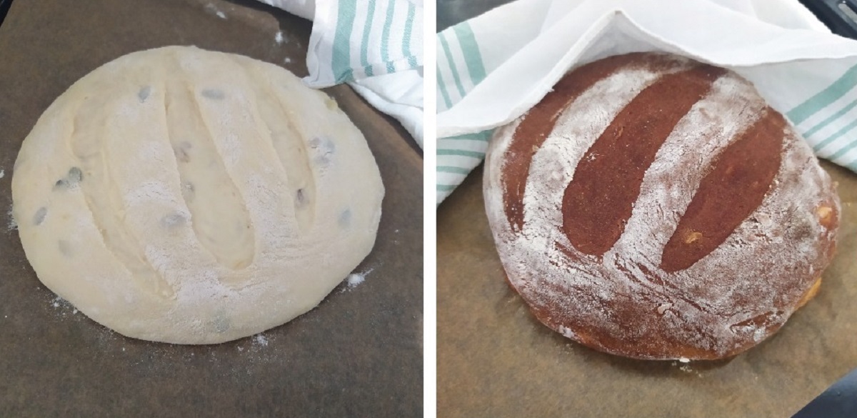 Chléb před a po upečení